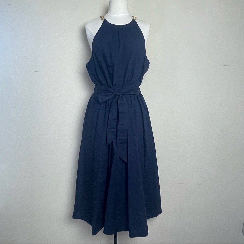 Talbots Navy Blue Gold Chain Shoulder Strap Midi Fit & Flare Cotton Dress | 16P - Picture 3 of 15